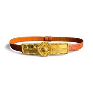 Alexis Kirk Statement Belt Gold Buckle Brown Ostrich Print‎ Adjustable S / M